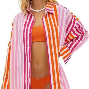 Beach Riot Alexa Coverup Button Down Long Sleeve Top, Plus Size, NEW Pink Stripe